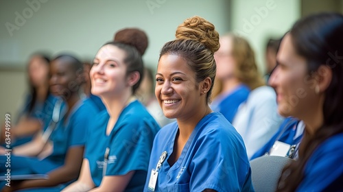 smiling cheerful nurse doctor sit relax in seminar training class nurse doctor group happiness positive face expression in education class hospital background,ai generate