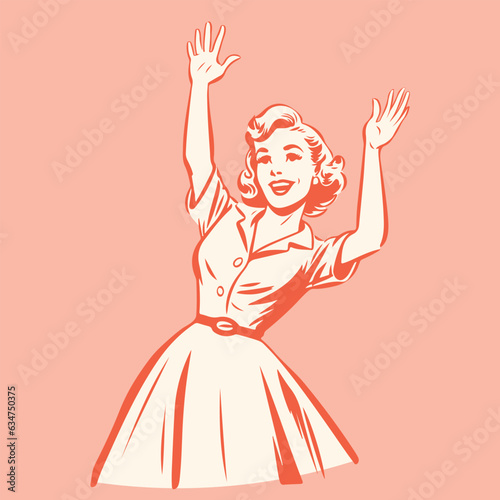 retro cartoon illustration of a happy woman raising her hands © shockfactor.de