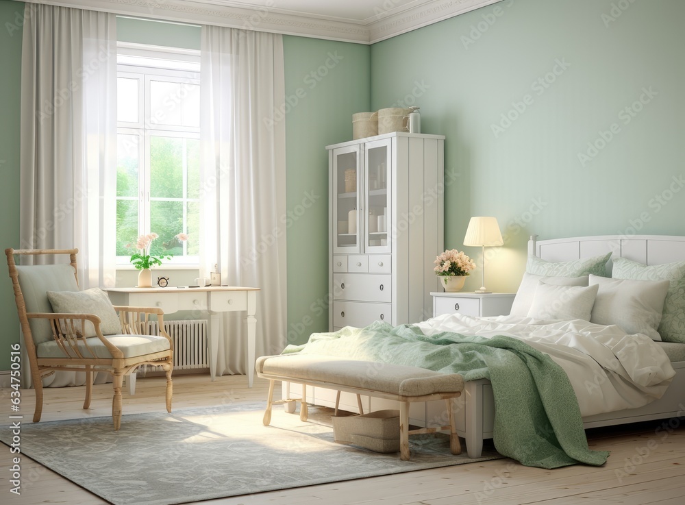 Obraz premium Cute toys placed on white shelves and cabinets near crib and window in sunlit nursery at home.