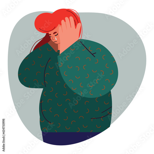 Vector illustration of sad crying woman covering her head. Fatigue, loss, headaches, psychological problems, psychological problems