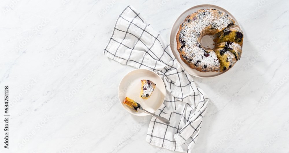 Lemon blueberry bundt cake with powdered sugar dusting Lemon blueberry bundt cake with powdered sugar dusting