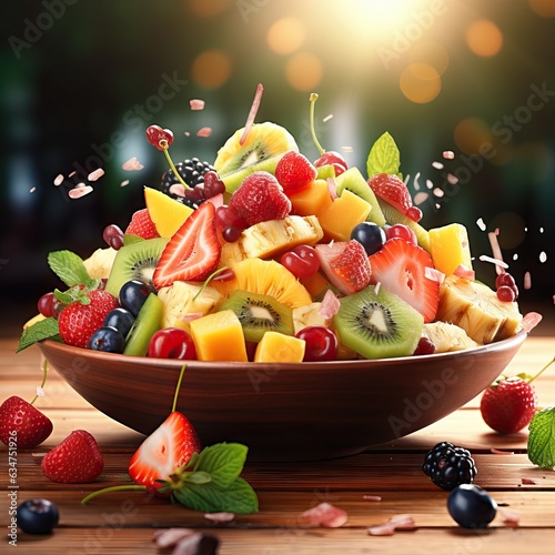 Fruit salad, fruit salad realistic restaurant backgroundhigh quality ai image generated photo