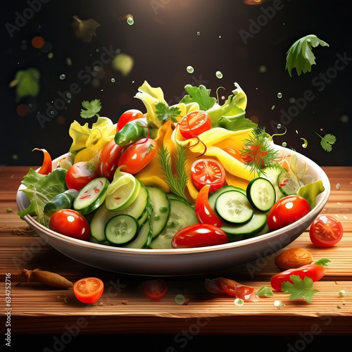 Vegetable salad, Vegetable salad realistic restaurant backgroundhigh quality ai image generated photo