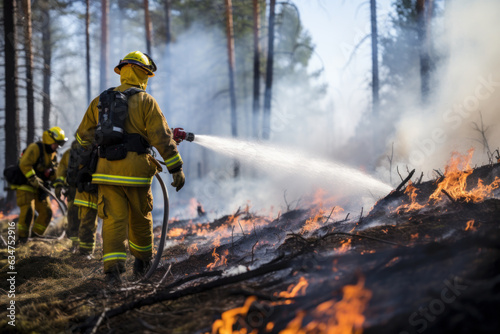 Firefighters extinguishing a large fire in a forest with their hoses