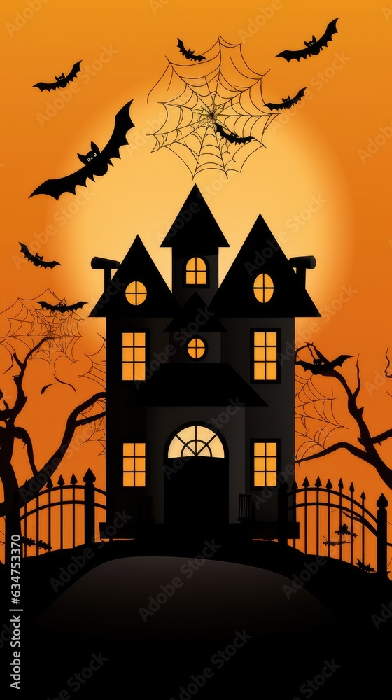 Halloween Illustration Featuring the Silhouette of a Haunted Framed by the Reddish Orange Sunset