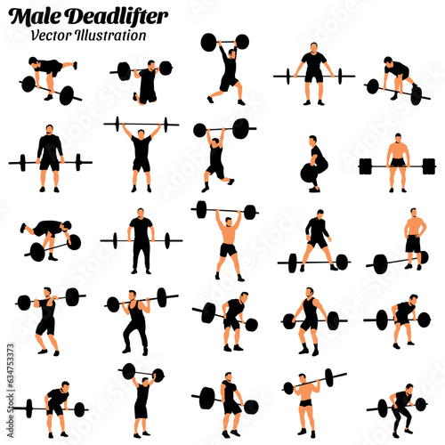 Male dead lifter bodybuilder vector illustration set