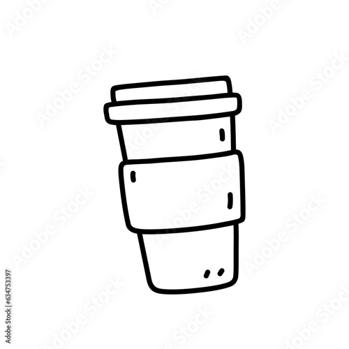 Reusable coffee cup isolated on white background. Vector hand-drawn illustration in doodle style. Perfect for decorations, logo, various designs.
