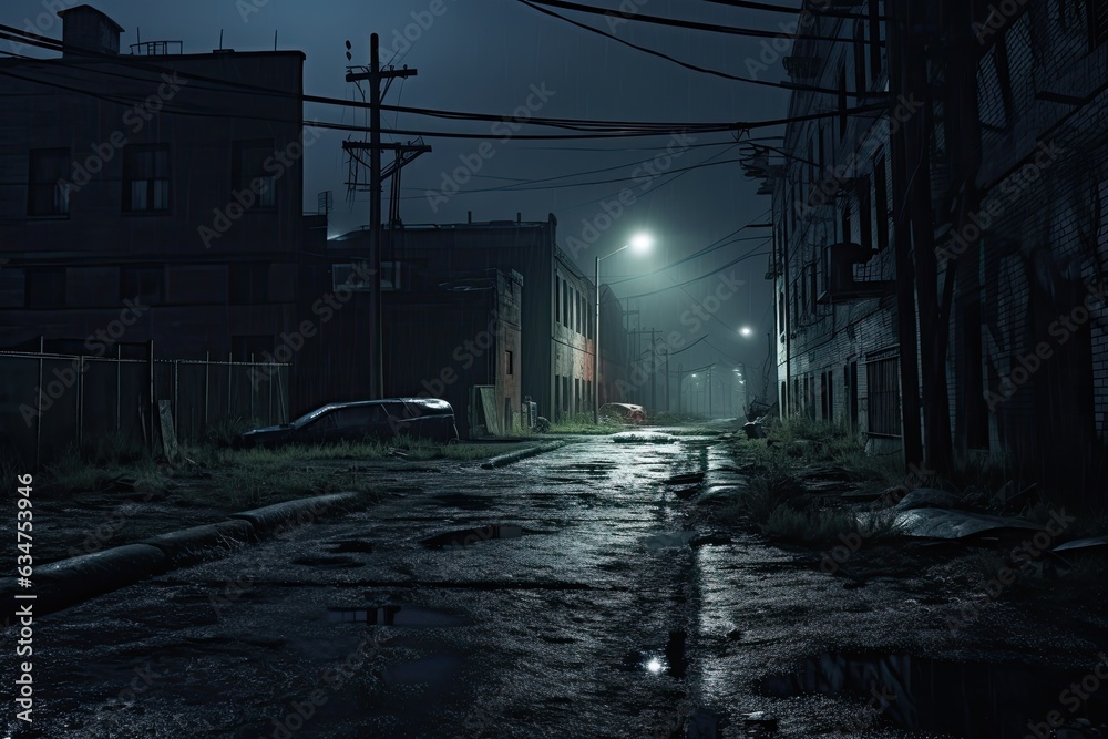 Abandoned urban street at night, eerie darkness, haunted alleyway, vintage cityscape. - obrazy, fototapety, plakaty 