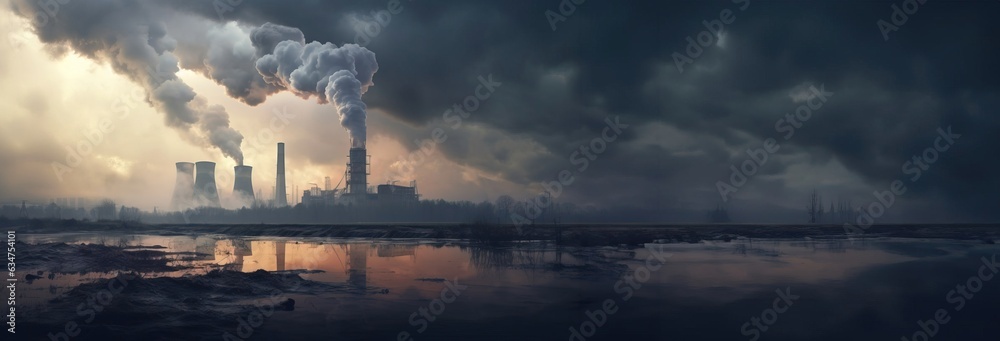 Clouds of smoke from a nuclear power plant, copy space. Created using generative AI technology.