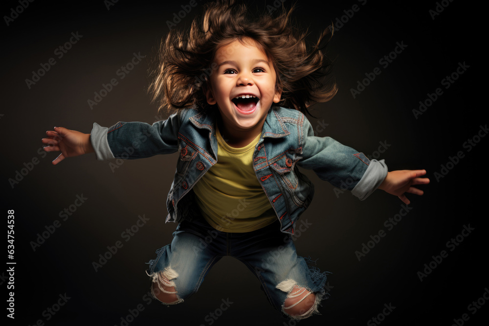 Beautiful Happy Child Jumping On Black Background. Beautiful Happy