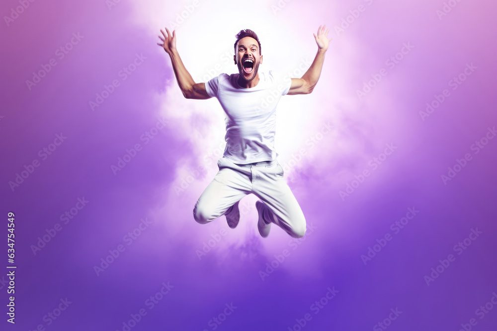 Beautiful Happy Man Jumping On Purple Background. Happy Man, Purple Background, Beautiful, Jumping, Style, Smile, Pose, Creativity