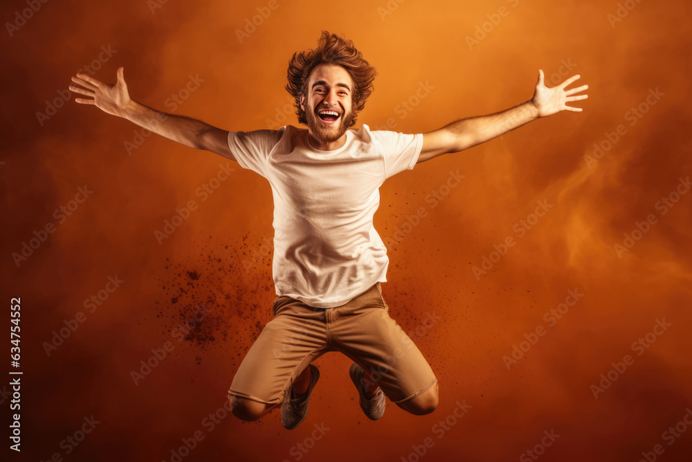 Beautiful Happy Man Jumping On Brown Background. Joyful Energetic Male On Brown Background, Power Of Happiness, Sensations Of Jumping, Adrenaline Rush, Gratitude And Appreciation, Leaping In Joy