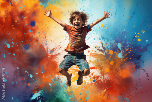 Beautiful Happy Child Jumping On Colorful Background. Happy Child, Colorful Background, Photography, Joy, Expression, Emotion, Playful, Fun © Anastasiia
