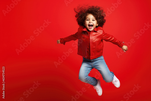 Beautiful Happy Child Jumping On Red Background. Capturing Joyful Moments, Child Playtime Fun, Creative Portrait Photography, Paying Attention To Detail, Background Decisions