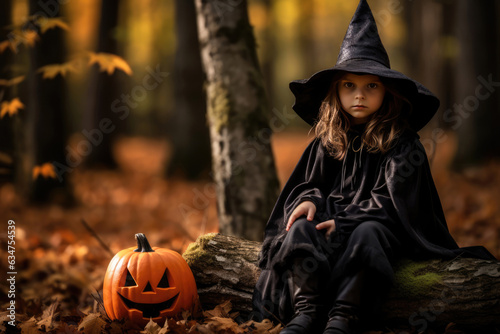 Child Wearing Black Witchs Hat Sits In The Fall Woods Next To Halloween Pumpkin. Child In Witch Hat, Fall Woods, Halloween Pumpkin