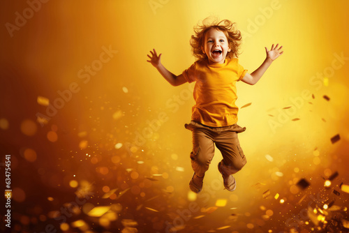 Beautiful Happy Child Jumping On Gold Background. Joyful Childhood, Golden Light, Infant Happiness, Creative Play, Optimism, Positive Energy, Celebratory Jump, Photoworthy Moment