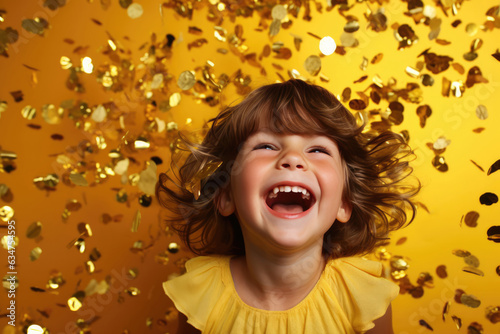 Beautiful Happy Child Tosses Up Sequins On Yellow Background. Childhood Joy, Colourful Memories, Imagination Explored, Learning To Flourish, Sparkle Of Possibilities, Creative Expression