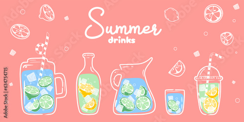 Lemonade. Vector illustration of homemade lemonade. Hand drawn. Set of summer citrus drinks with ice in flat style.