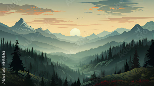 Mountains and forest at sunset. Vector illustration in cartoon style.