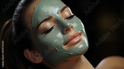 Beautiful young woman with green clay facial mask. Beauty treatment.