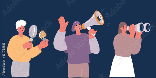 Vector illustration of Dream team concept. Different specialization People with symbol them work. Creative, researching, looking, promotion. Binoculars, magnifying glass, bulb, megaphone, binoculars