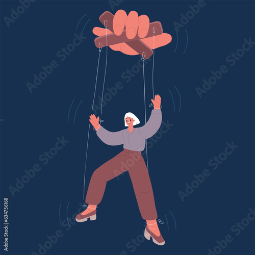 Cartoon vector illustration o Puppeteer Hand Controlling Puppet. Business woman being controlled by puppet master. Manipulates person like a puppet. marionette, Mind controlled.