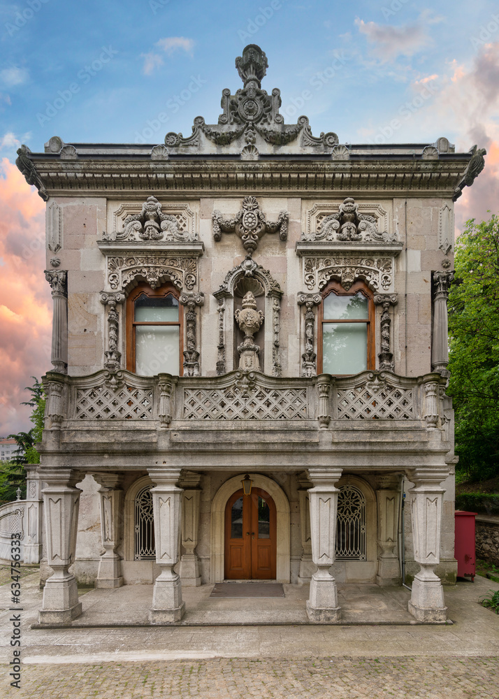 Fototapeta premium Side view of Ihlamur Pavilion, or Ihlamur Kasri, former imperial Ottoman summer pavilion constructed during the reign of Sultan Abdulmecid I, located in Nisantasi Ihlamur Yolu street, Istanbul, Turkey