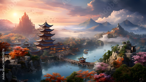 Temple background, Ancient Chinese Temple on a High Mountain, Overlooking a Stunning River View, generated AI