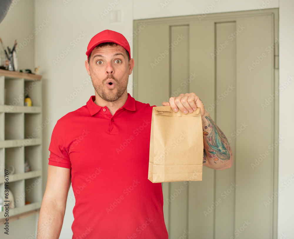 feeling extremely shocked and surprised. delivery take away concept feeling extremely shocked and surprised. delivery take away concept