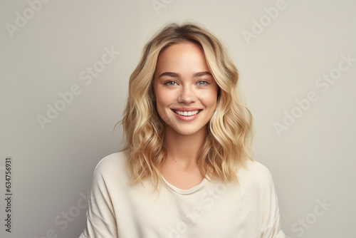 Generative AI portrait attractive young blonde hair girl smiling beauty concept isolated pastel color wall background © deagreez
