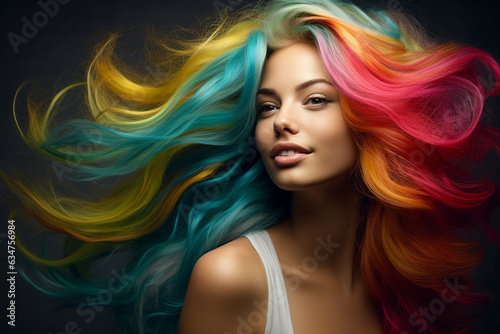 Generative AI illustration of cool attractive young model woman flying hairdress dyed hair style colorful rainbow colors