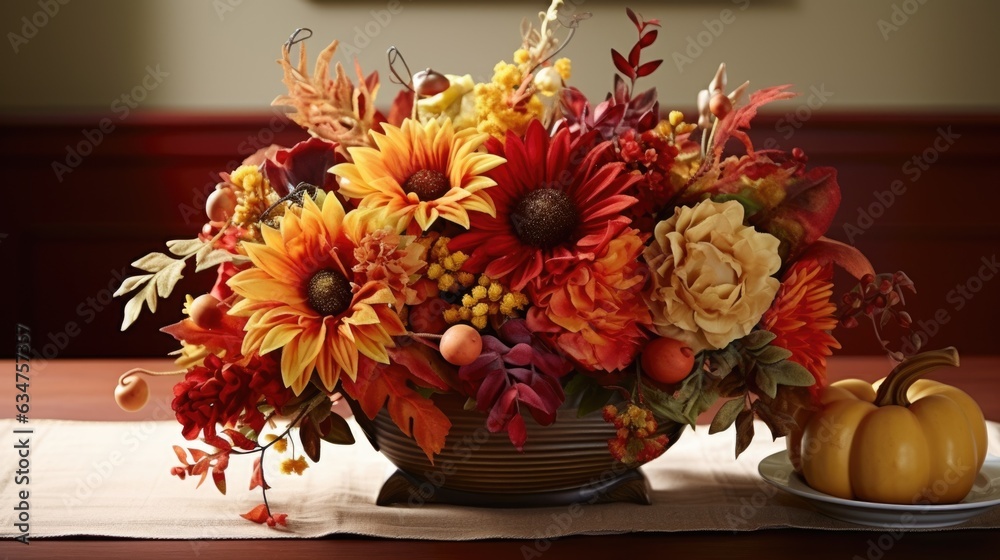 Autumnal bouquet in vase. Autumn still life with orange and red flowers. Beautiful flower composition. AI photography.