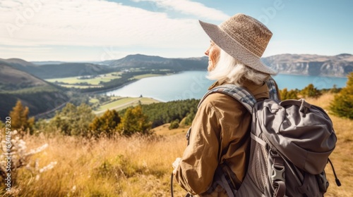 Elderly Woman with grey hair, hiking outdoor portrait of caucasian female pensioner with backpack, enjoying nature. Aging, retirement, people, active lifestyle, health care concept. AI photography.