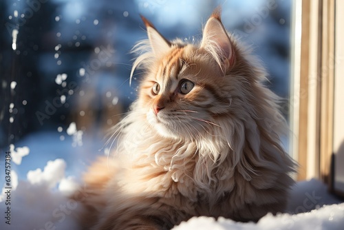 Fluffy adult cat sitting in snow looking away. Beautiful sunny winter day.