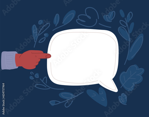 Cartoon vector illustration of hand show finger point to speech bubble.