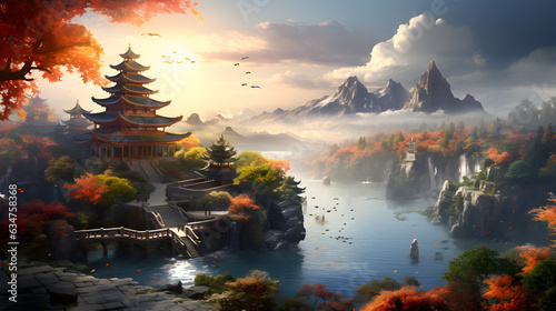 Temple background, Ancient Chinese Temple on a High Mountain, Overlooking a Stunning River View, generated AI