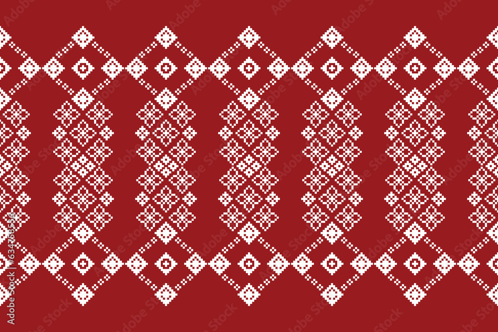 Ethnic geometric fabric pattern Cross Stitch.Ikat embroidery Ethnic oriental Pixel pattern red background. Abstract,vector,illustration. Texture,clothing,frame,decoration,motifs,silk wallpaper. Ethnic geometric fabric pattern Cross Stitch.Ikat embroidery Ethnic oriental Pixel pattern red background. Abstract,vector,illustration. Texture,clothing,frame,decoration,motifs,silk wallpaper.