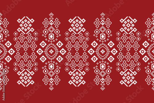 Ethnic geometric fabric pattern Cross Stitch.Ikat embroidery Ethnic oriental Pixel pattern red background. Abstract,vector,illustration. Texture,clothing,frame,decoration,motifs,silk wallpaper.