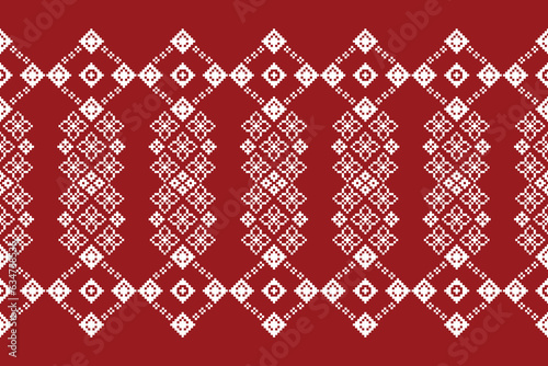 Ethnic geometric fabric pattern Cross Stitch.Ikat embroidery Ethnic oriental Pixel pattern red background. Abstract,vector,illustration. Texture,clothing,frame,decoration,motifs,silk wallpaper.