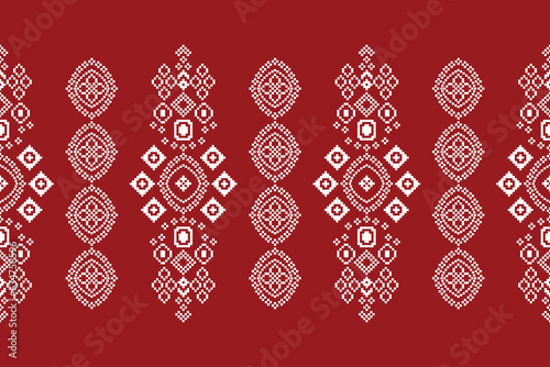 Ethnic geometric fabric pattern Cross Stitch.Ikat embroidery Ethnic oriental Pixel pattern red background. Abstract,vector,illustration. Texture,clothing,frame,decoration,motifs,silk wallpaper.