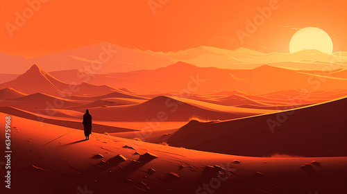 Man walking in the desert at sunset. 3d render illustration.