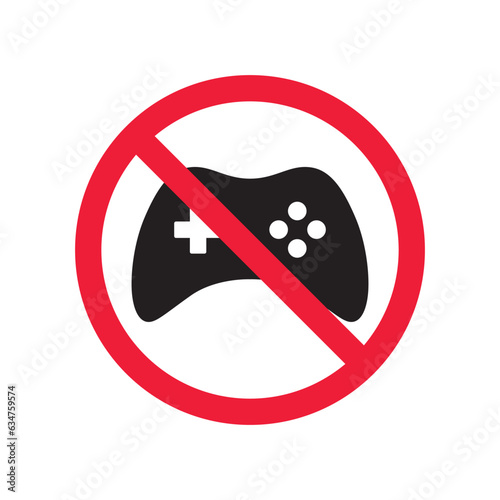 Forbidden joystick vector icon. Warning, caution, attention, restriction, label, ban, danger. No gamepad flat sign design pictogram symbol. No game pad joystick icon