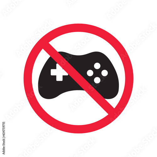 Forbidden joystick vector icon. Warning, caution, attention, restriction, label, ban, danger. No gamepad flat sign design pictogram symbol. No game pad joystick icon