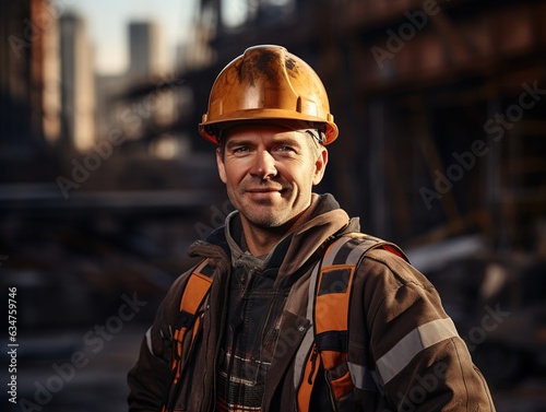 Smiling professional heavy industry worker in a protective uniform and hard hat. Dispersed large industrial plant.