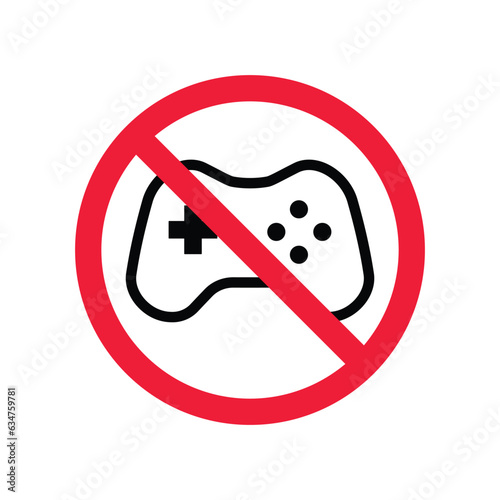 Forbidden joystick vector icon. Warning, caution, attention, restriction, label, ban, danger. No gamepad flat sign design pictogram symbol. No game pad joystick icon