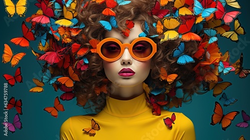 Surreal portrait of a woman with butterflies in her hair. Abstract photo in pop art collage style.  photo
