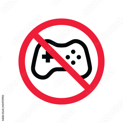 Forbidden joystick vector icon. Warning, caution, attention, restriction, label, ban, danger. No gamepad flat sign design pictogram symbol. No game pad joystick icon