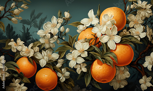 Blossoming orange branch with fruits in vintage style.