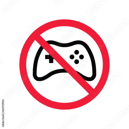 Forbidden joystick vector icon. Warning, caution, attention, restriction, label, ban, danger. No gamepad flat sign design pictogram symbol. No game pad joystick icon