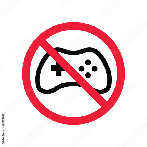 Forbidden joystick vector icon. Warning, caution, attention, restriction, label, ban, danger. No gamepad flat sign design pictogram symbol. No game pad joystick icon